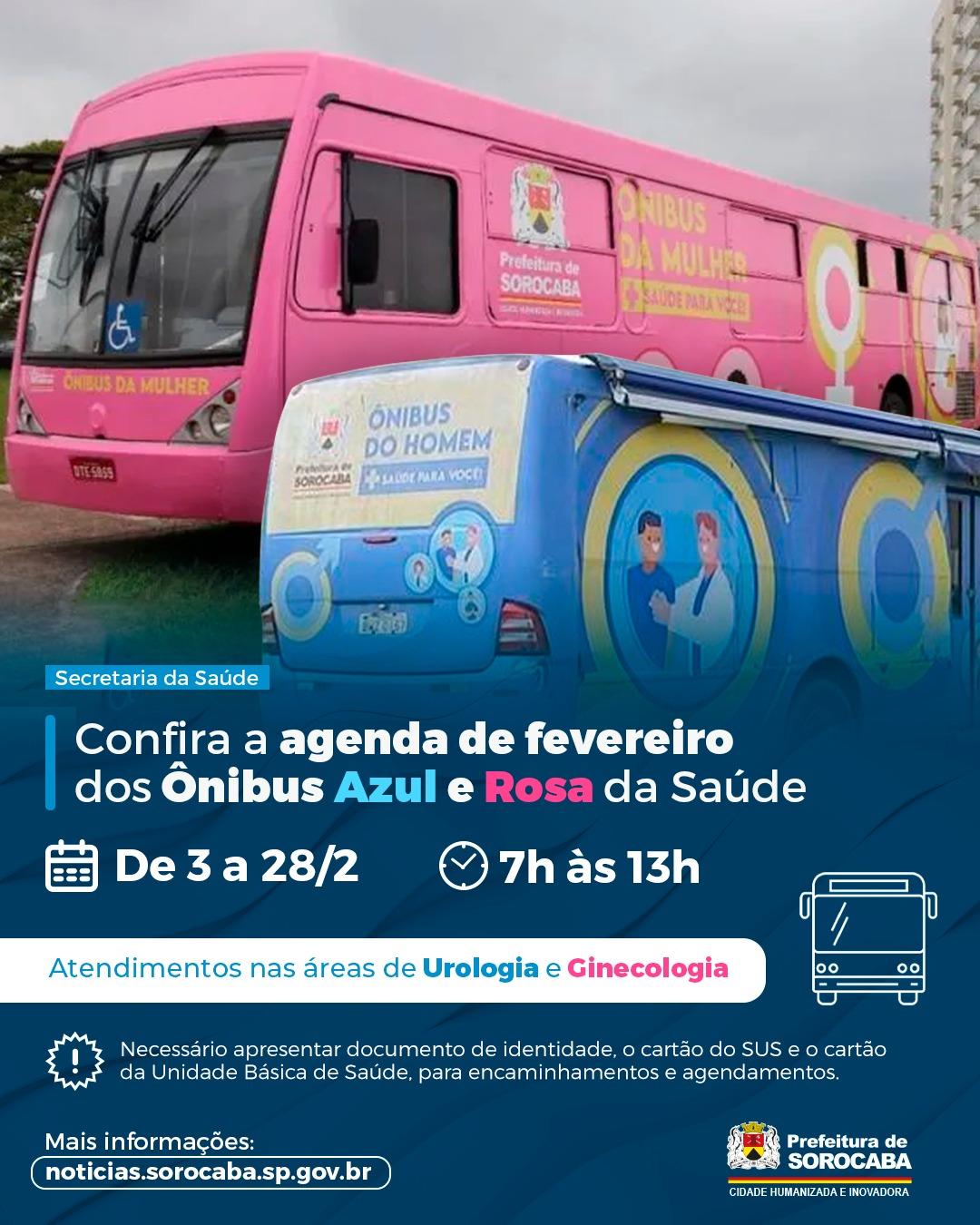 Prefeitura de Sorocaba divulga agenda de fevereiro dos Ônibus Azul e Rosa da Saúde