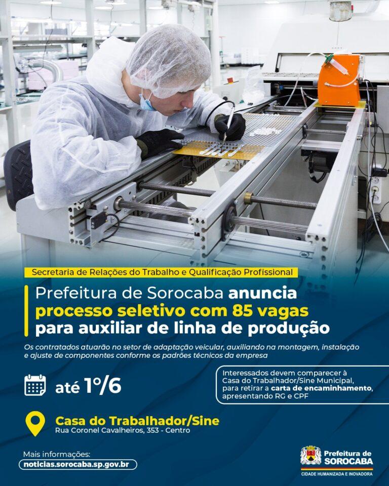 Prefeitura anuncia processo seletivo com 85 vagas para auxiliar de linha de produção nesta segunda-feira (1.º)