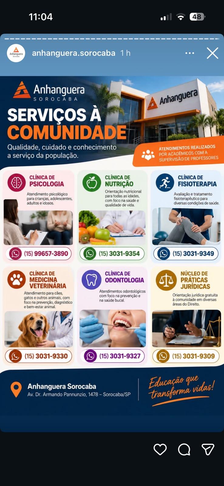 Serviços à Comunidade: Anhanguera Sorocaba oferece atendimento especializado gratuito e a custo social